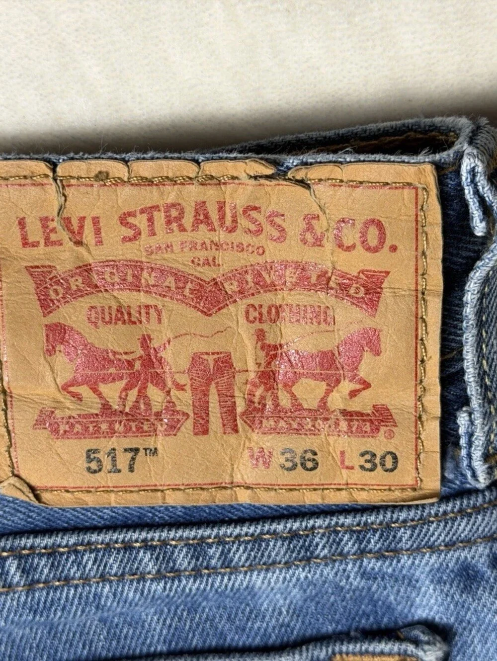 Levi's 517 Bootcut Jeans Mens 36x30 Blue Wash WaterLess Denim Pants Distressed